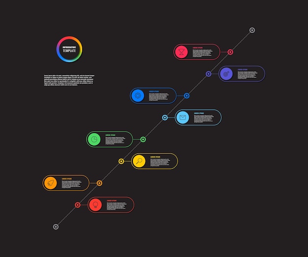 Modèle De Chronologie Infographique En Diagonale Avec Des éléments Ronds Multicolores En Ligne Mince Sur Fond Noir