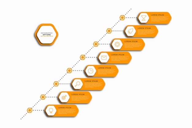 Modèle de chronologie infographique diagonale avec huit éléments hexagonaux orange sur fond blanc