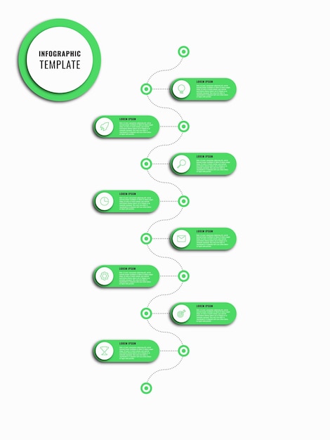 Modèle de chronologie infographique d'entreprise verticale avec huit options rondes vertes sur fond blanc