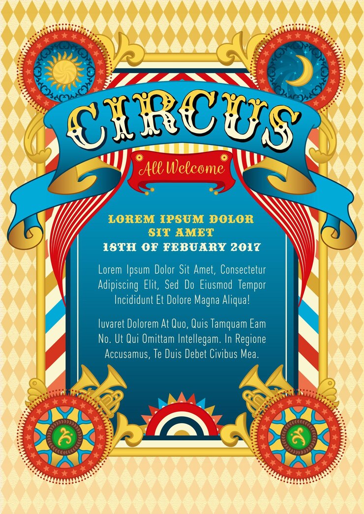 Vecteur modèle de cirque invitation de spectacle vectoriel affiche de dessin animé inviter les enfants conception d'invitation de fête d'anniversaire parc d'attractions festival de carnaval fête foraine thème de mascarade fond de cirque et ruban rétro