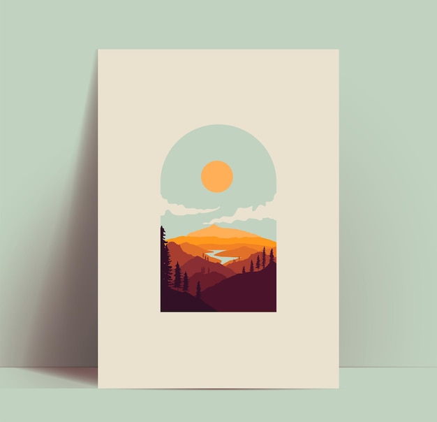 Modèle de conception d'affiche ou de carte ou de bannière de montagnes avec de beaux paysages de montagnes