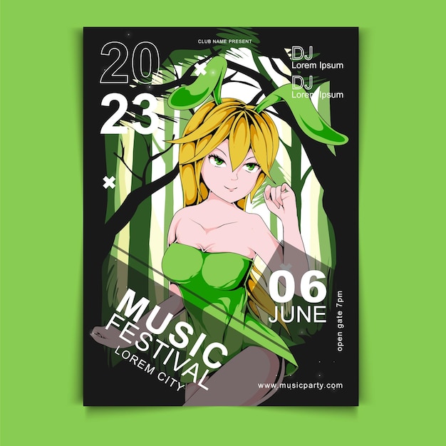 modèle de conception d'affiche de festival de musique dessiné à la main anime