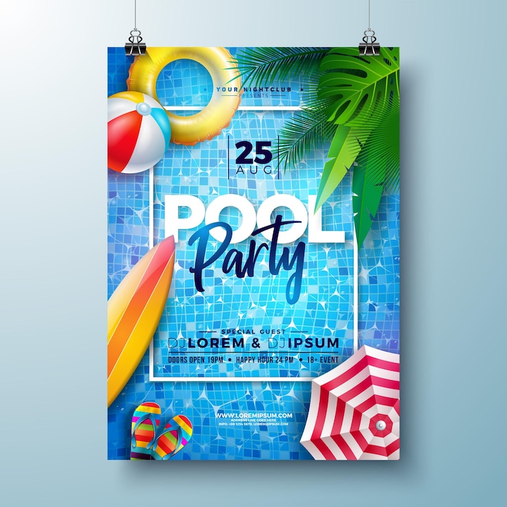 Vecteur modèle de conception d'affiche de fête d'été à la piscine avec boule de plage à feuilles de palmier et flotteur sur l'eau ondulée bleue