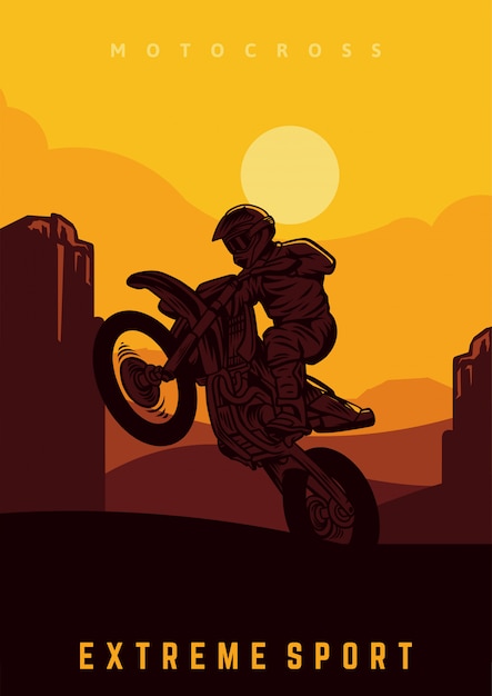 Modèle de conception d'affiches de motocross avec illustration vectorielle silhouette et soleil