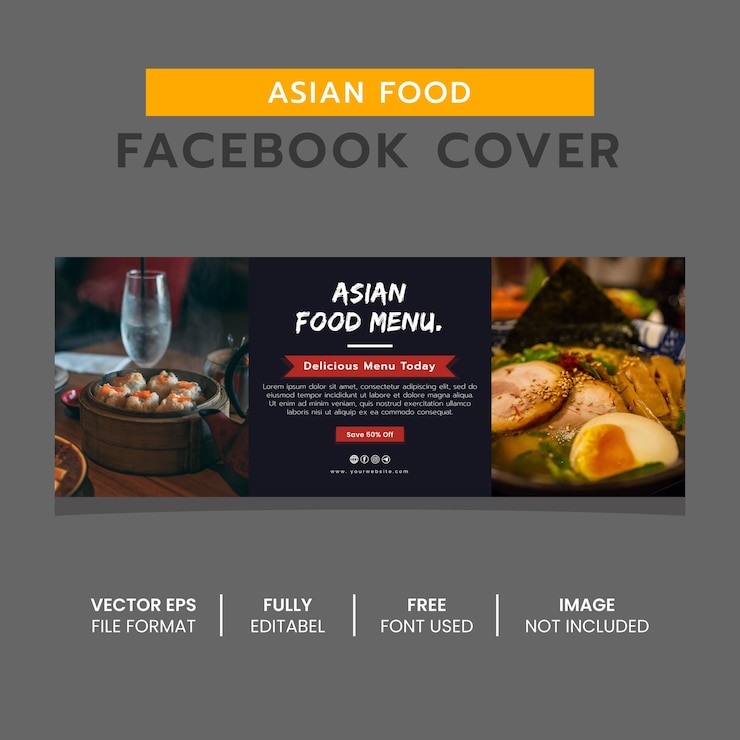 Vecteur modèle de conception de bannière de couverture facebook de cuisine asiatique