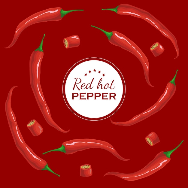 Modèle de conception de bannière de piments rouges Poivrons rouges volants sur fond rouge brûlant Poivrons entiers et tranchés Idéal pour le menu et les dépliants Illustration vectorielle