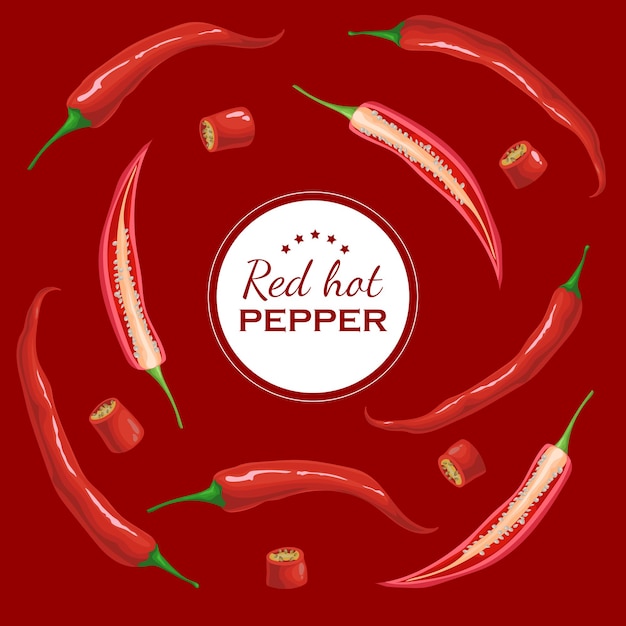 Modèle de conception de bannière de piments rouges Poivrons rouges volants sur fond rouge brûlant Poivrons entiers et tranchés Idéal pour le menu et les dépliants Illustration vectorielle