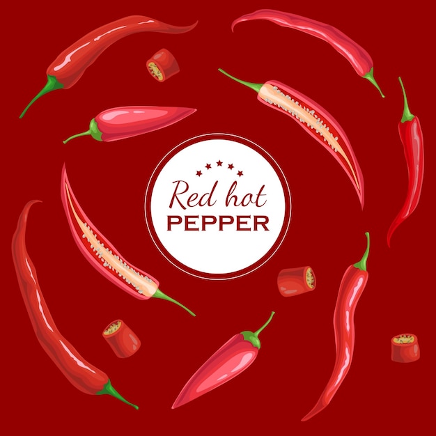 Modèle de conception de bannière de piments rouges Poivrons rouges volants sur fond rouge brûlant Poivrons entiers et tranchés Idéal pour le menu et les dépliants Illustration vectorielle