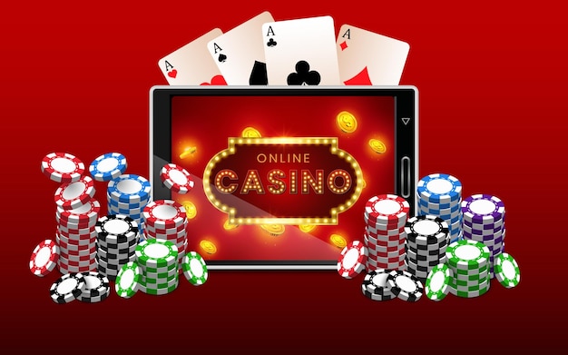 Modèle de conception de bannière publicitaire de casino en ligne avec des jetons de casino et des cartes de poker