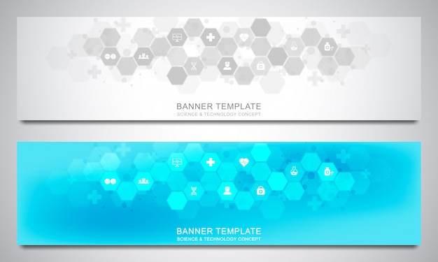 Modèle de conception de bannières pour la décoration médicale et médicale avec des icônes et des symboles plats