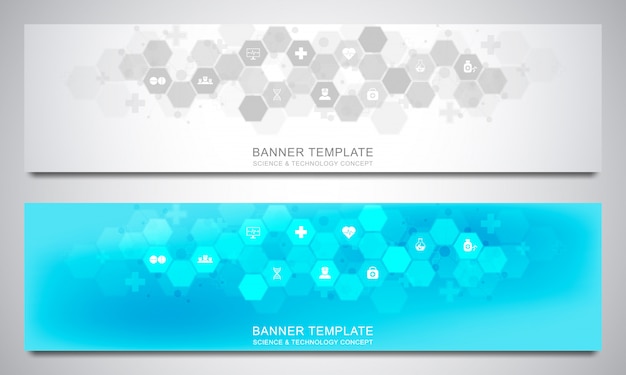Vecteur modèle de conception de bannières pour la décoration médicale et médicale avec des icônes et des symboles plats