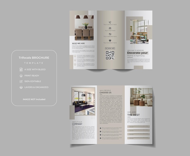 Modèle de conception de brochure à trois volets pour le service intérieur de l'immobilier propre et moderne