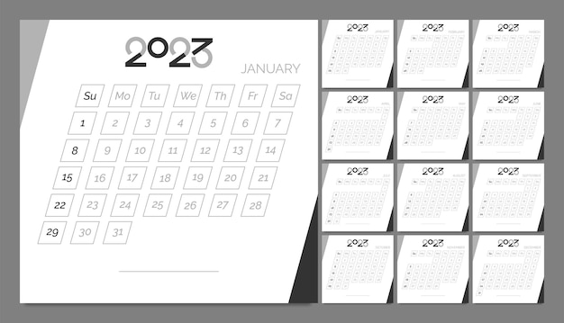 Modèle de conception de calendrier 2023 avec couleur noire et grise