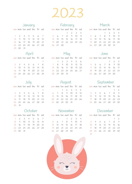 Modèle De Conception De Calendrier 2023 Avec Lapin Mignon. Année Du Lapin. Calendrier De Départ Du Dimanche.