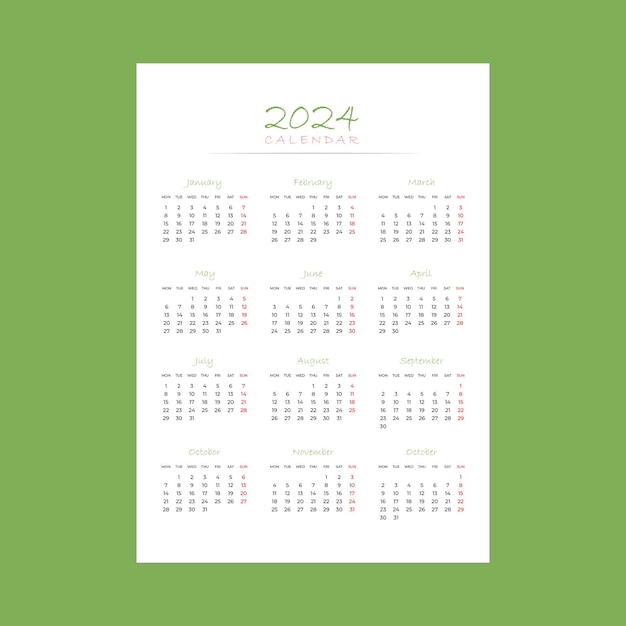 Vecteur modèle de conception de calendrier 2024 moderne