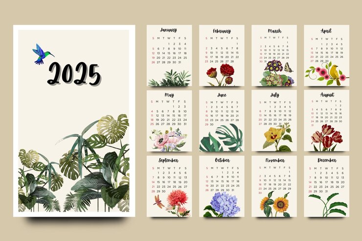 Vecteur modèle de conception de calendrier 2025 imprimable avec conception de calendrière mural botanique et conception de posters de calendrier