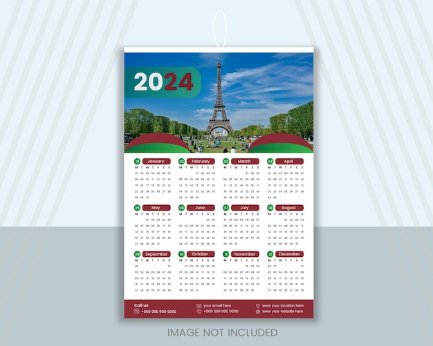 Vecteur modèle de conception de calendrier mural 2024