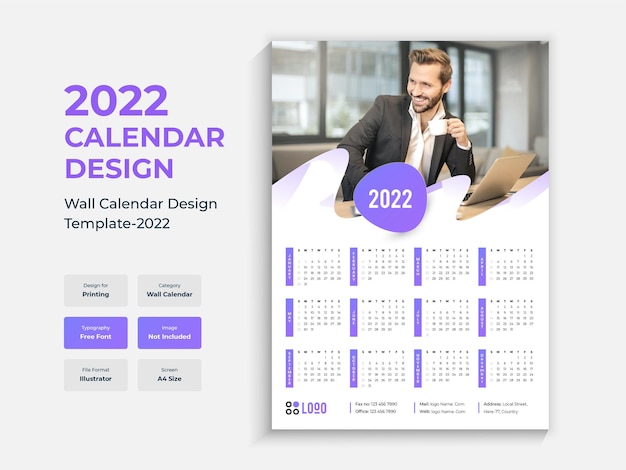 Vecteur modèle de conception de calendrier mural monopage 2022 planificateur de nouvel an polyvalent et coloré
