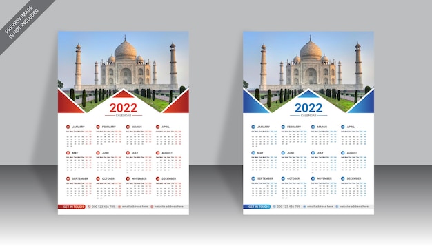 Vecteur modèle de conception de calendrier mural d'une page d'entreprise colorée 2022