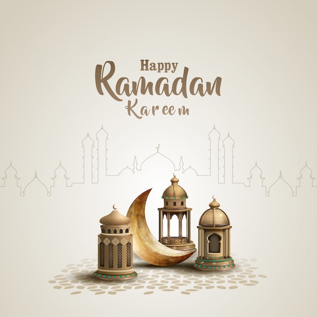 Vecteur modèle de conception de carte de voeux islamique ramadan kareem avec de belles lanternes et un croissant