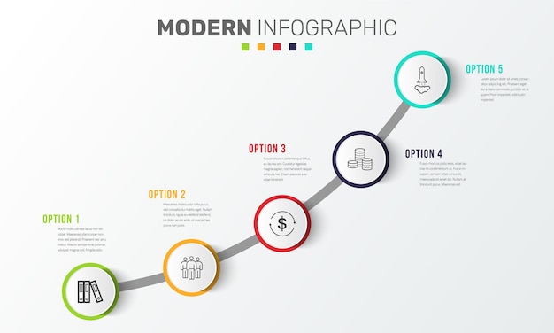 Modèle de conception de chronologie d'infographie d'entreprise avec des icônes et 5 étapes