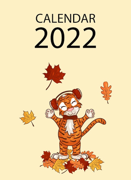 Modèle De Conception De Couverture De Calendrier Mural Pour L'année 2022, L'année Du Tigre Selon Le Calendrier Chinois Ou Oriental. Style De Dessin Animé D'illustration Vectorielle.