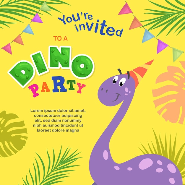 Modèle De Conception Dino Party Carte De Voeux Joyeux Anniversaire Dinosaure Enfantin De Dessin Animé Idéal Pour Les Invitations Flyers Affiches Etc. Illustration Vectorielle