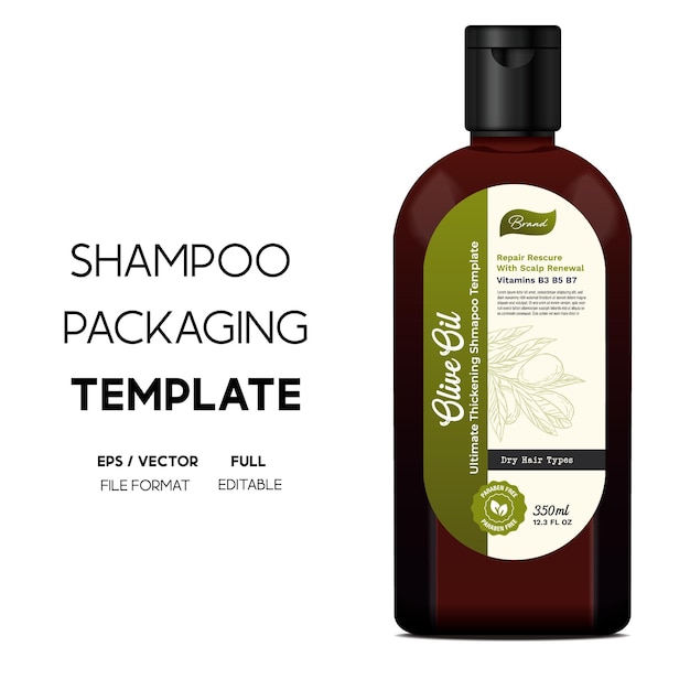 Vecteur modèle de conception d'emballage de shampooing à l'huile d'olive pour le soin des cheveux et le vecteur de bouteille de shampooing.