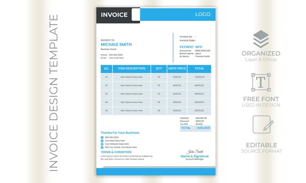 Vecteur modèle de conception de facture de facturation d'entreprise ou d'entreprise