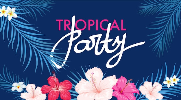 Modèle De Conception De Fête Tropicale Couleurs Vives Feuilles De Palmier Bleu Et Hibiscus Aux Couleurs Vives