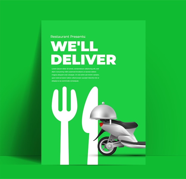 Vecteur modèle de conception de flyer ou d'affiche de livraison de nourriture sur vert
