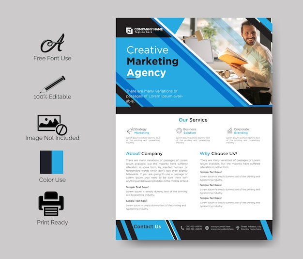 Modèle de conception de flyer d'agence de marketing d'entreprise bleue