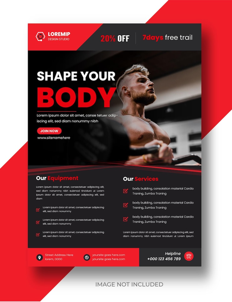 Vecteur modèle de conception de flyer d'entreprise d'entreprise de gym de remise en forme avec la couleur noire et rouge