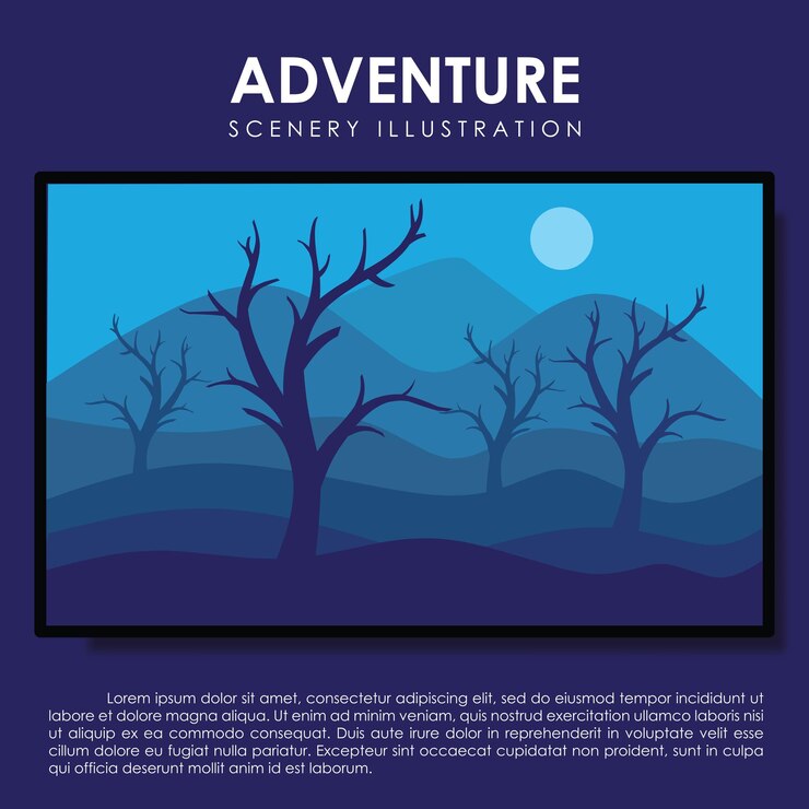 Vecteur modèle de conception d'illustration de paysage accompagné d'éléments de montagnes, d'arbres et de collines