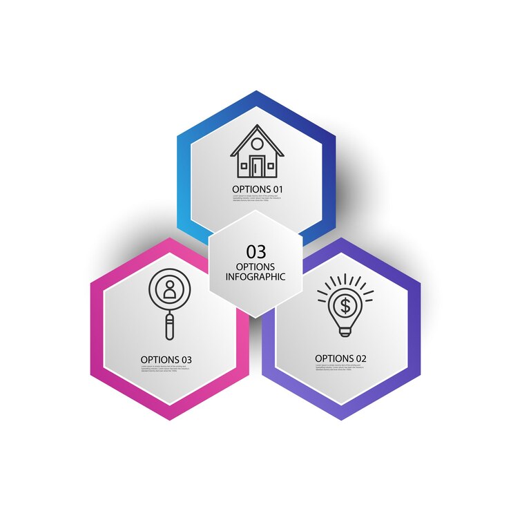 Modèle de conception d'infographie hexagonal avec 3 options et icônes