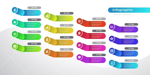 Modèle De Conception D'infographie Moderne Avec 16 Options Ou étapes Peut être Utilisé Pour Le Diagramme De Mise En Page Du Flux De Travail De Présentation Ou La Conception De Présentation Du Diagramme De Chronologie Du Rapport Annuel