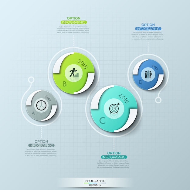 Modèle De Conception Infographique Créatif Avec 4 éléments Ronds, Pictogrammes, Indication D'année Et Zones De Texte.