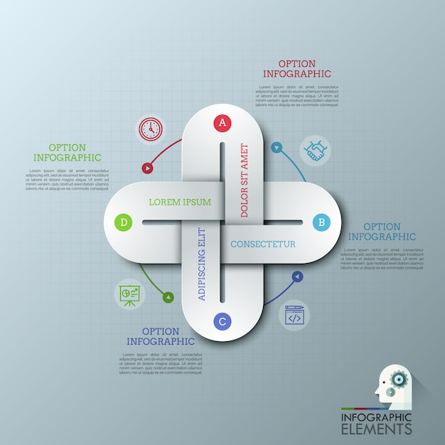 Modèle De Conception Infographique Créative Avec Quatre Maillons De Chaîne Multicolores Connectés Ensemble, Des Icônes De Fine Ligne Et Des Zones De Texte.