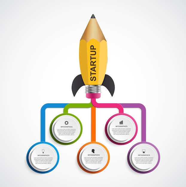 Modèle De Conception Infographique De L'éducation. Fusée D'un Crayon Pour Des Présentations Et Des Brochures éducatives Et Commerciales.