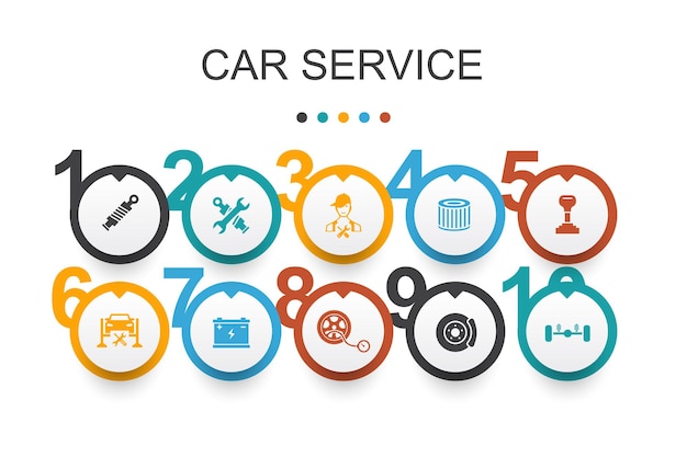 Modèle De Conception Infographique De Service De Voiture. Frein à Disque, Suspension, Pièces De Rechange, Icônes Simples De Transmission