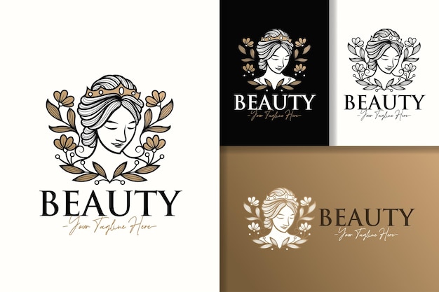 Modèle de conception de logo de beauté féminine or reine florale naturelle femme