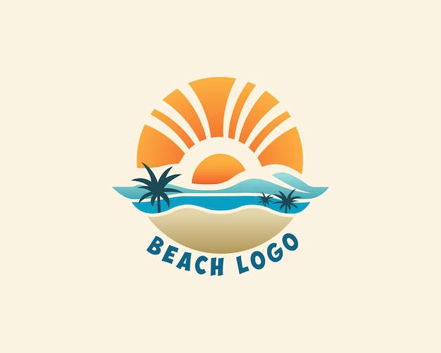 Modèle De Conception De Logo D'été De Plage Avec Lumière Du Soleil Et Du Sable Avec Des Palmiers Gradient Simple Couleurs D'été