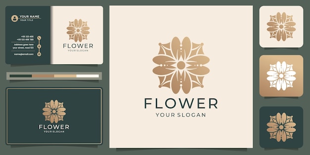 Modèle De Conception De Logo De Fleur De Luxe Avec Carte De Visite. Couleur Or, Floral, Abstrait, Logo De Beauté.