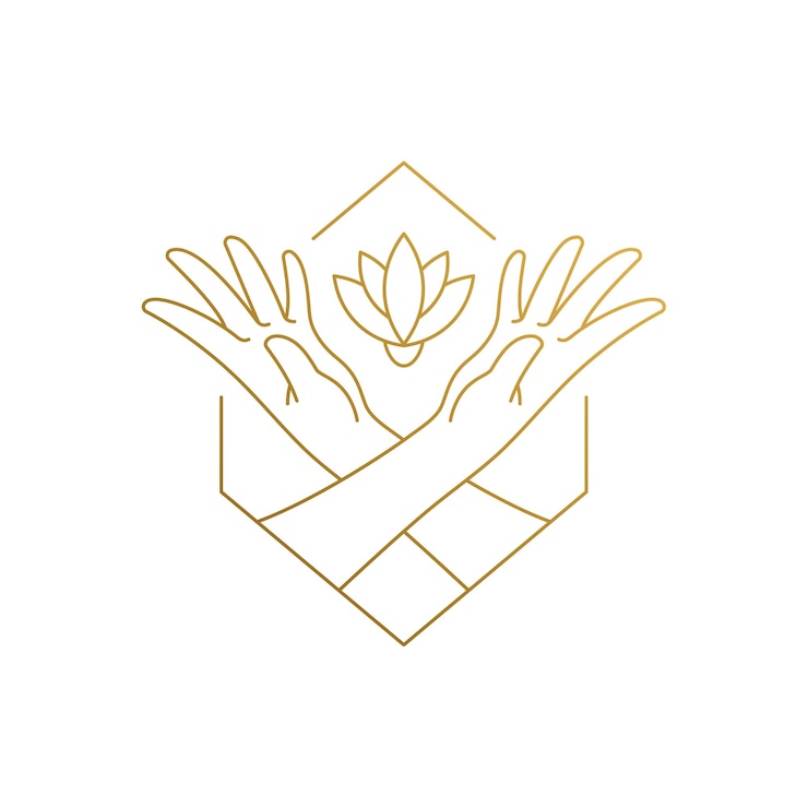 Vecteur modèle de conception de logo simple de style linéaire de mains féminines nourrissant une fleur croissante dessinée avec de fines lignes dorées