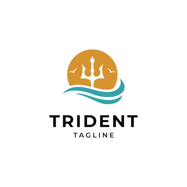 Modèle De Conception De Logo Trident Avec Style De Conception Vectorielle Plate Soleil Et Vague