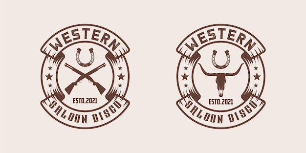 Modèle De Conception De Logo Vintage Rétro Far West Western Longhorn Et Pistolet