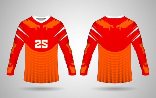 Modèle De Conception De Maillot De Sport à Manches Longues Avant Et Arrière Réaliste De Couleur Rouge, Orange Et Blanc