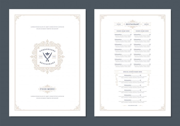 Modèle de conception de menu avec couverture et brochure de vecteur de logo vintage restaurant.