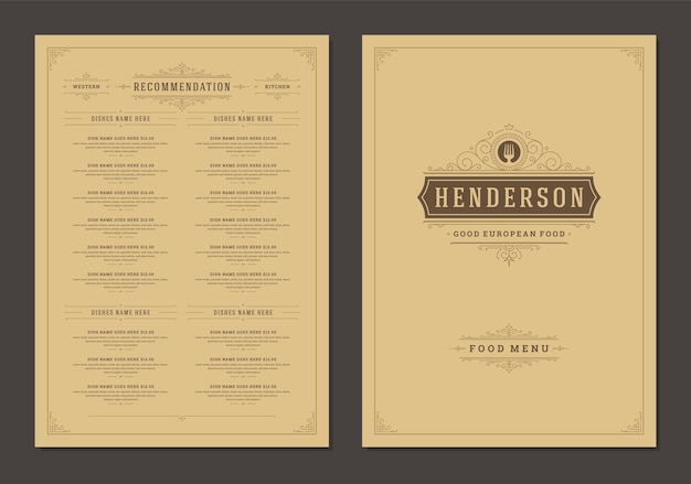 Modèle de conception de menu avec couverture et brochure de vecteur de logo vintage de restaurant