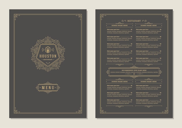 Vecteur modèle de conception de menu avec couverture et brochure de vecteur de logo vintage de restaurant